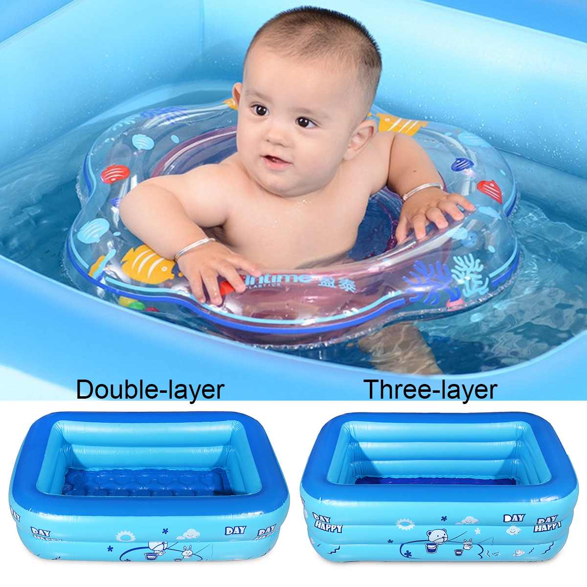 Large Inflatable Outdoor Children Paddling Bathtub Water Baby Swimming Bath Pool Blue PVC Rectangle 120x70cm Anti-slip